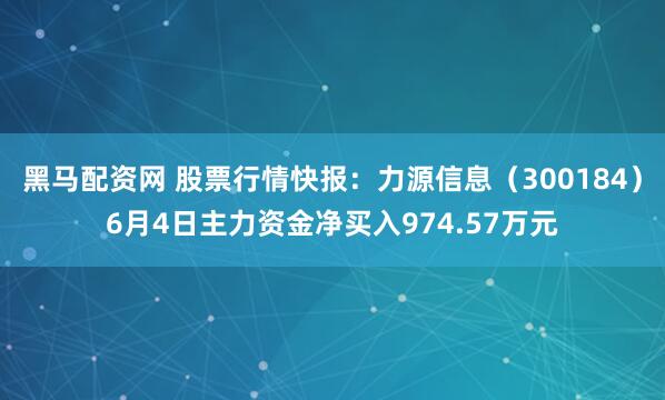 黑马配资网 股票行情快报：力源信息（300184）6月4日主力资金净买入974.57万元